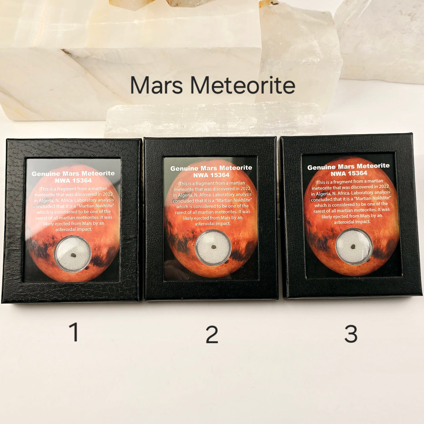 Meteorite - Libyan Desert Glass - Fulgurite - Black Framed Crystal Box Display - You Choose - Mars Meteorite variants 1, 2, and 3 labeled