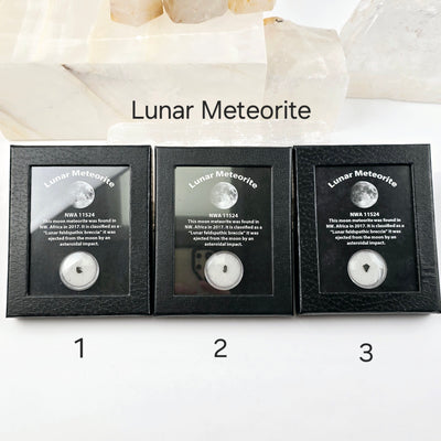 Meteorite - Libyan Desert Glass - Fulgurite - Black Framed Crystal Box Display - You Choose - Lunar Meteorite variants 1, 2, and 3 labeled