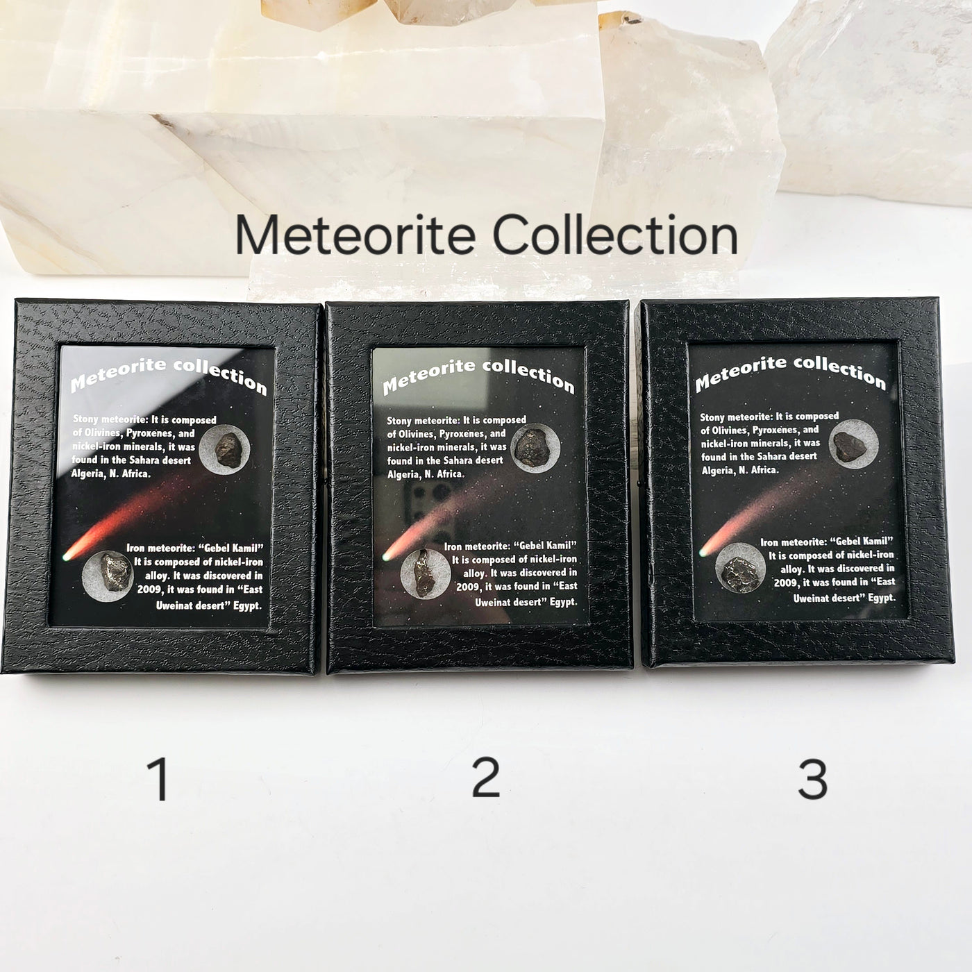 Meteorite - Libyan Desert Glass - Fulgurite - Black Framed Crystal Box Display - You Choose Meteorite Collection variants 1, 2, and 3 labeled