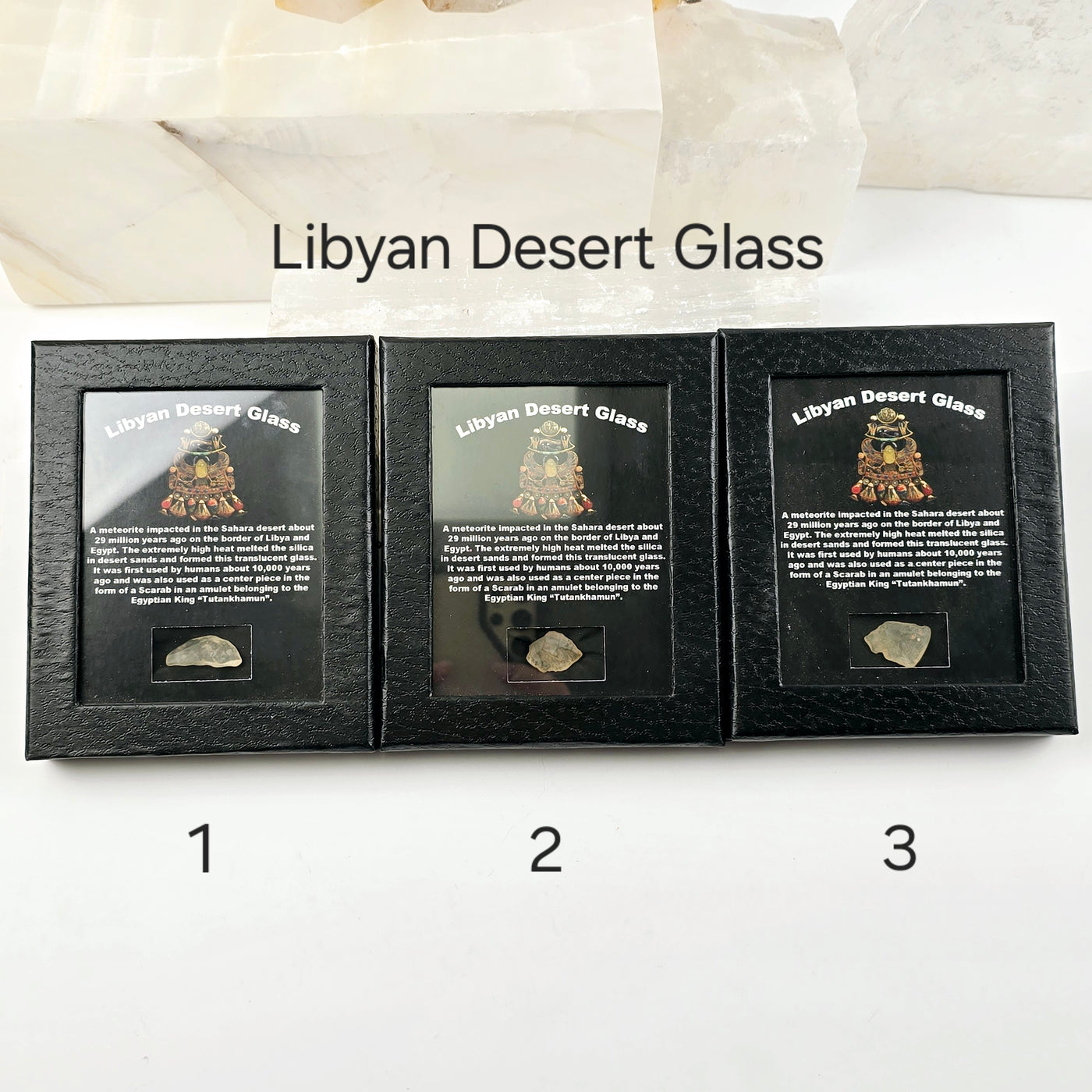 Meteorite - Libyan Desert Glass - Fulgurite - Black Framed Crystal Box Display - You Choose Libyan Desert Glass variants 1, 2, and 3 labeled