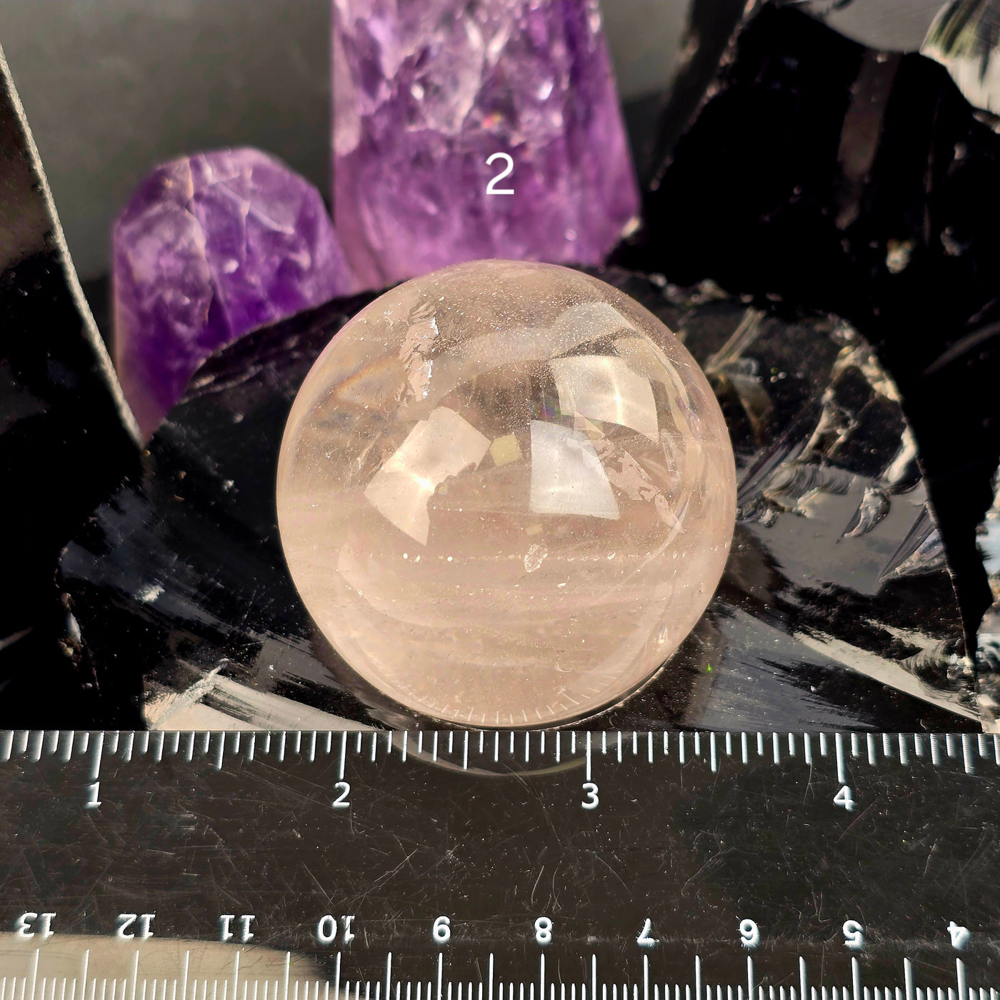 Rose de France Amethyst Crystal Sphere - You Choose variant 2 labeled with ruler for size reference