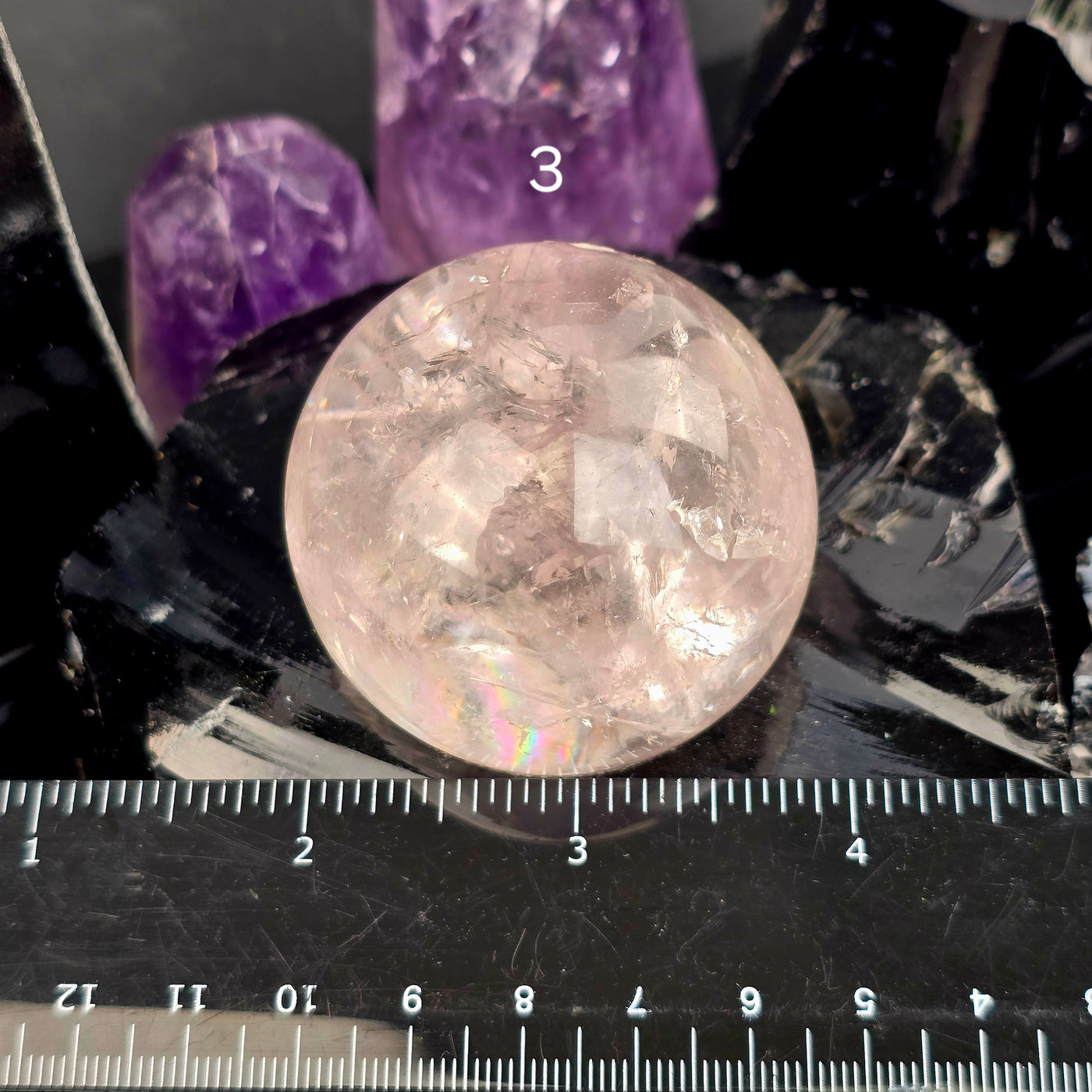 Rose de France Amethyst Crystal Sphere - You Choose variant 3 labeled with ruler for size reference