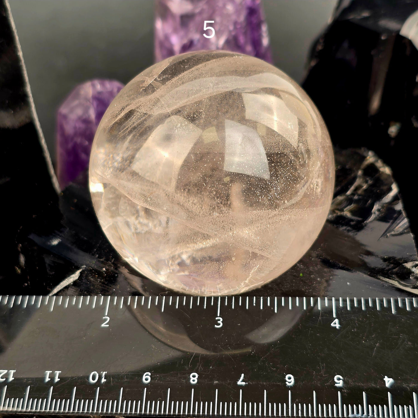 Rose de France Amethyst Crystal Sphere - You Choose variant 5 labeled with ruler for size reference