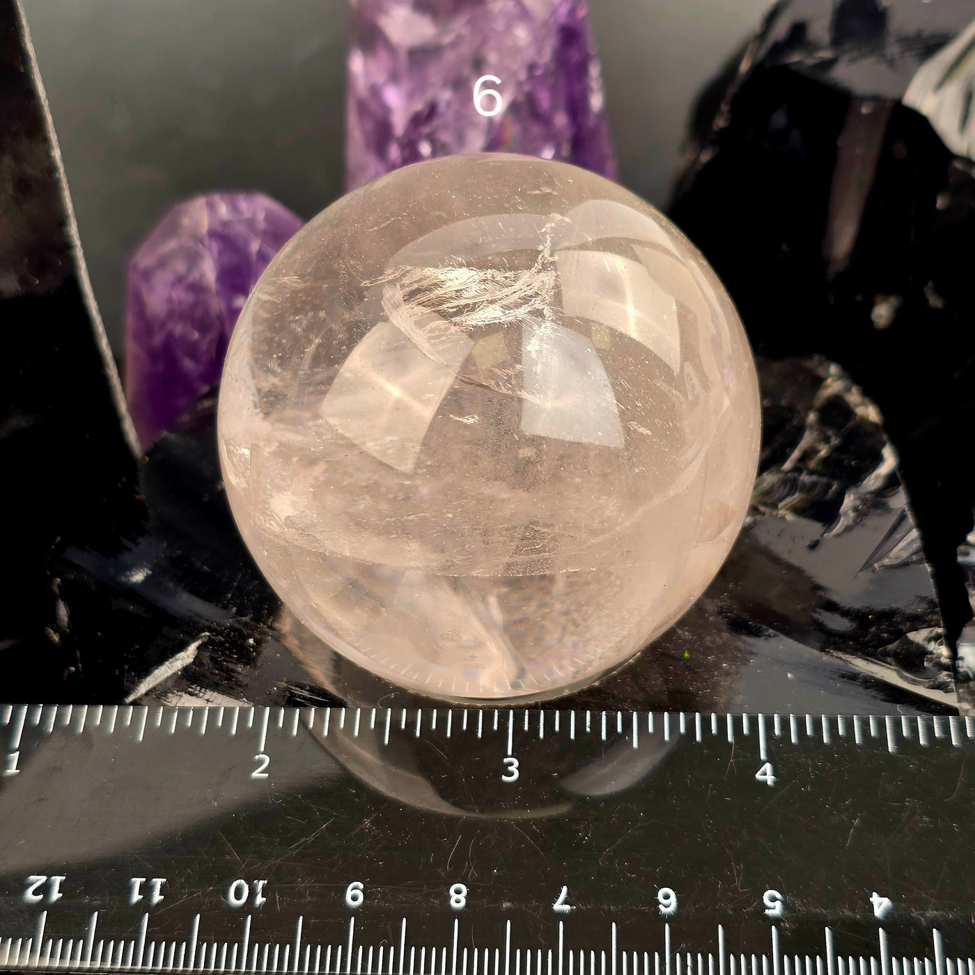 Rose de France Amethyst Crystal Sphere - You Choose variant 6 labeled with ruler for size reference