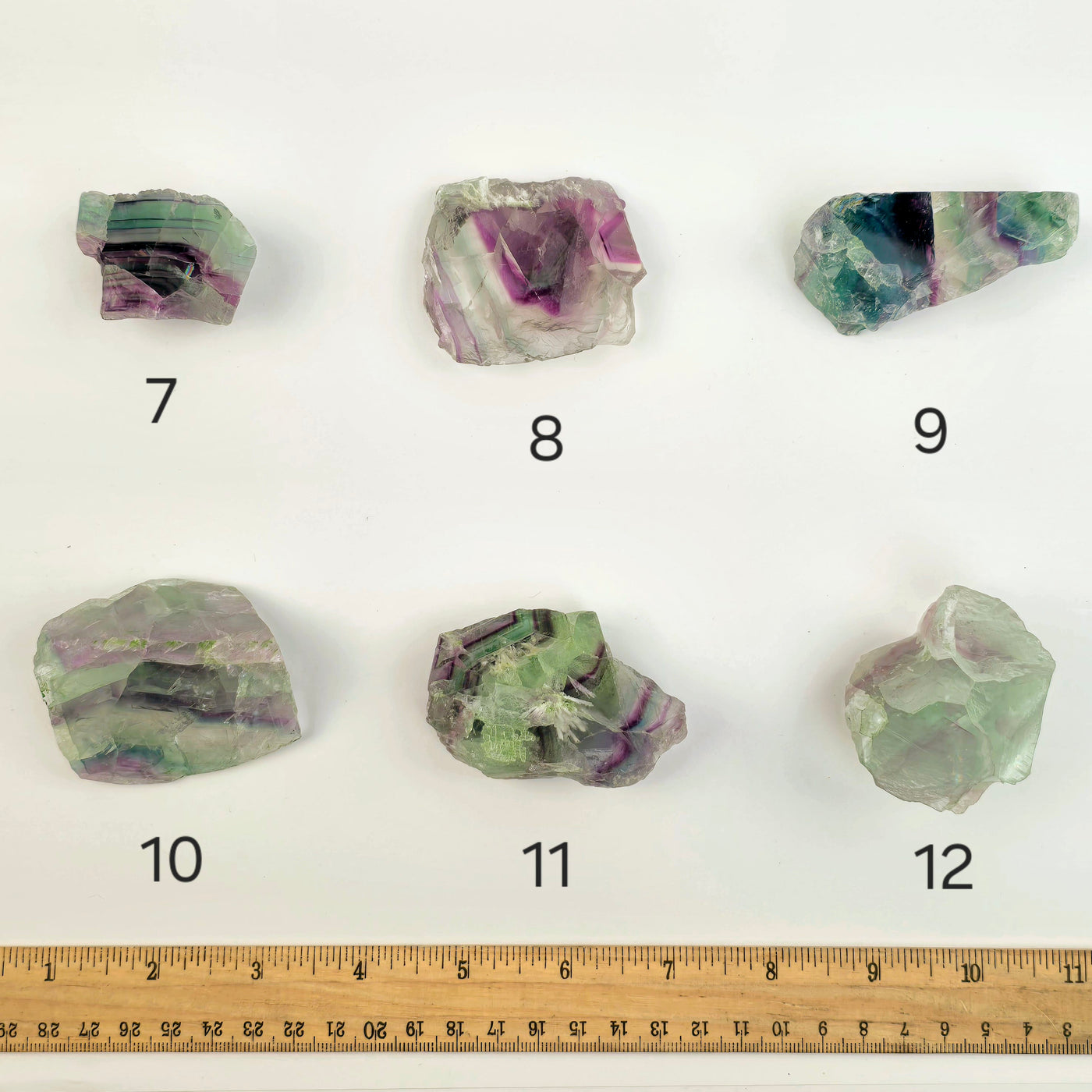  Rainbow Fluorite Small AA Grade Semi Polished Crystal Slab - You Choose variants 7, 8, 9, 10, 11, and 12 labeled with ruler for size reference