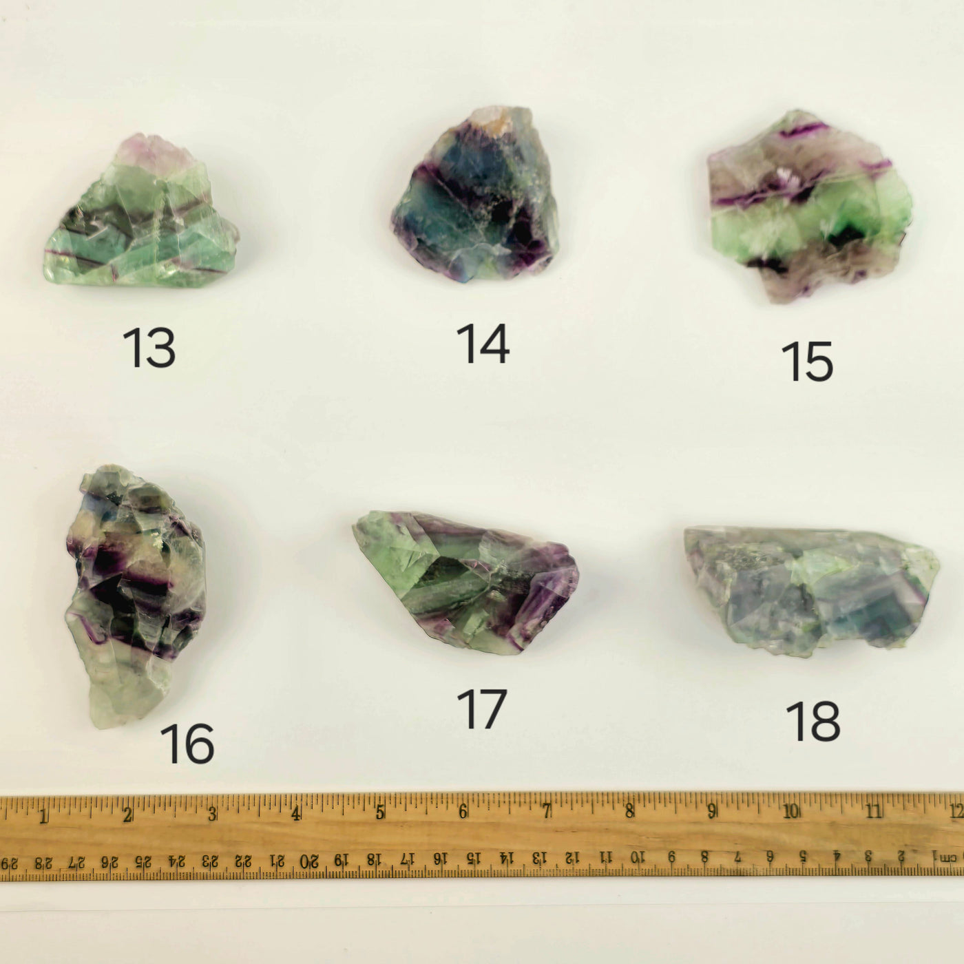  Rainbow Fluorite Small AA Grade Semi Polished Crystal Slab - You Choose variants 13, 14, 15, 16, 17, and 18 labeled with ruler for size reference