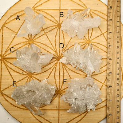 Crystal Quartz Cluster - AA Grade - You Choose #3 all variants top view labeled with ruler for size reference