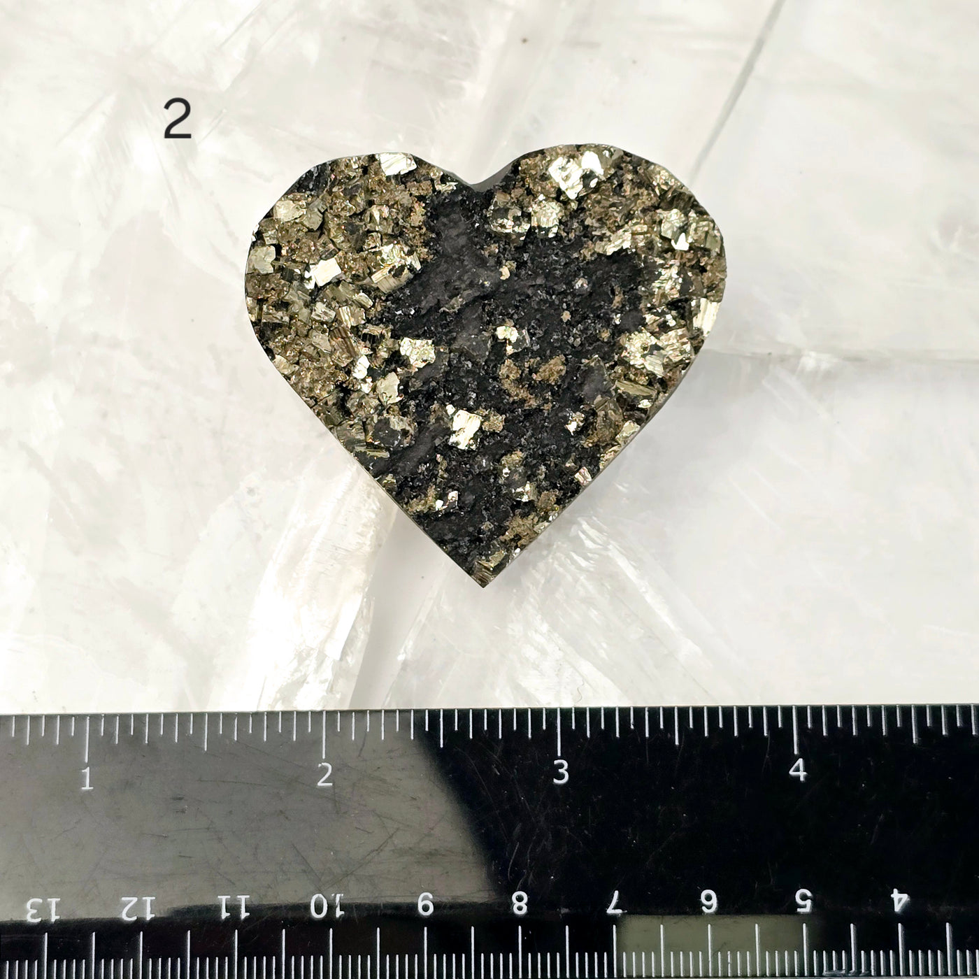 Pyrite on Basalt Crystal Heart - You Choose variant 2 labeled with ruler for size reference