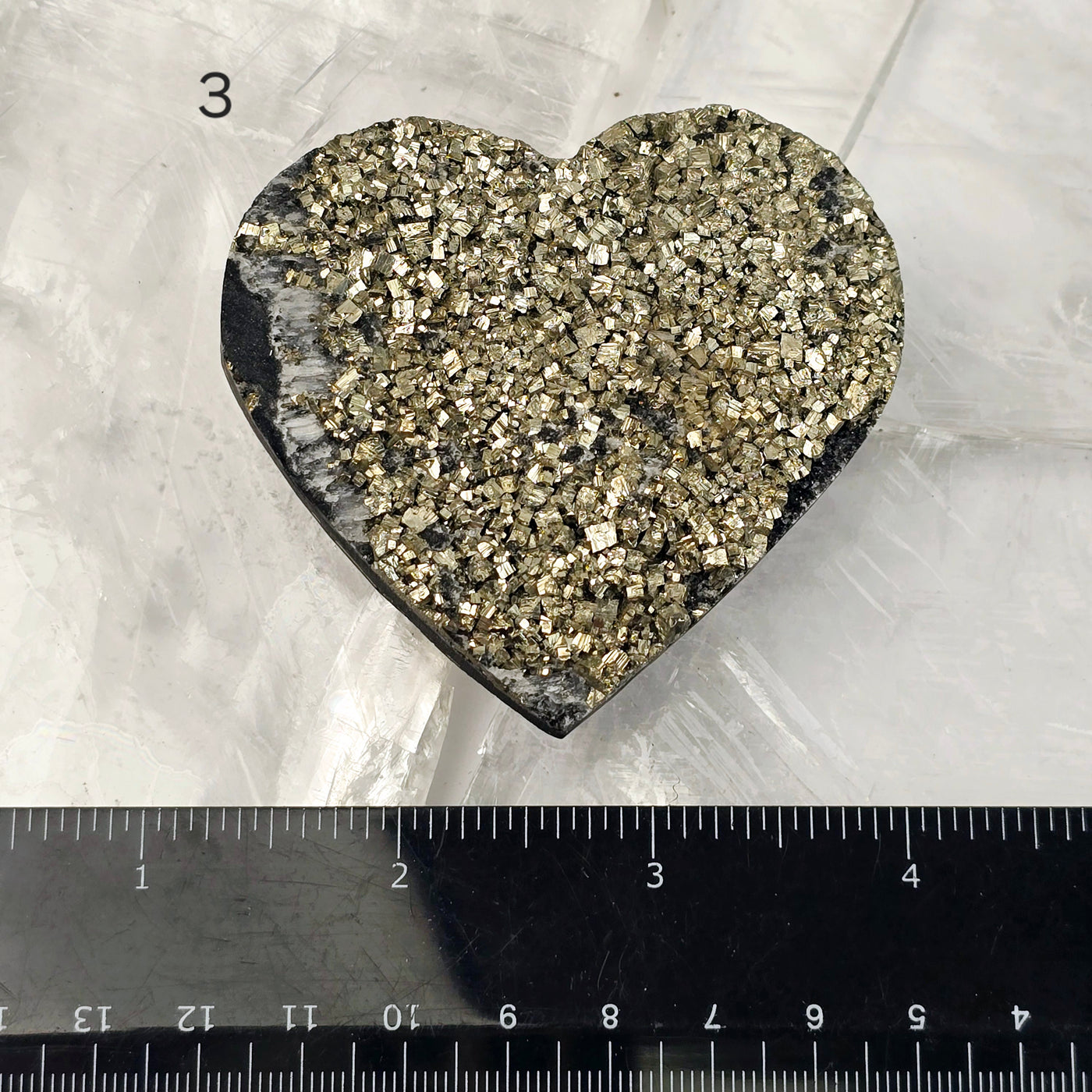 Pyrite on Basalt Crystal Heart - You Choose variant 3 labeled with ruler for size reference