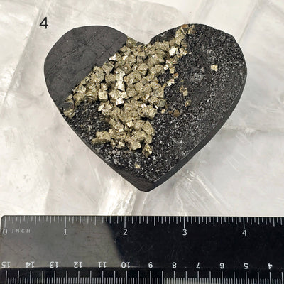 Pyrite on Basalt Crystal Heart - You Choose variant 4 labeled with ruler for size reference