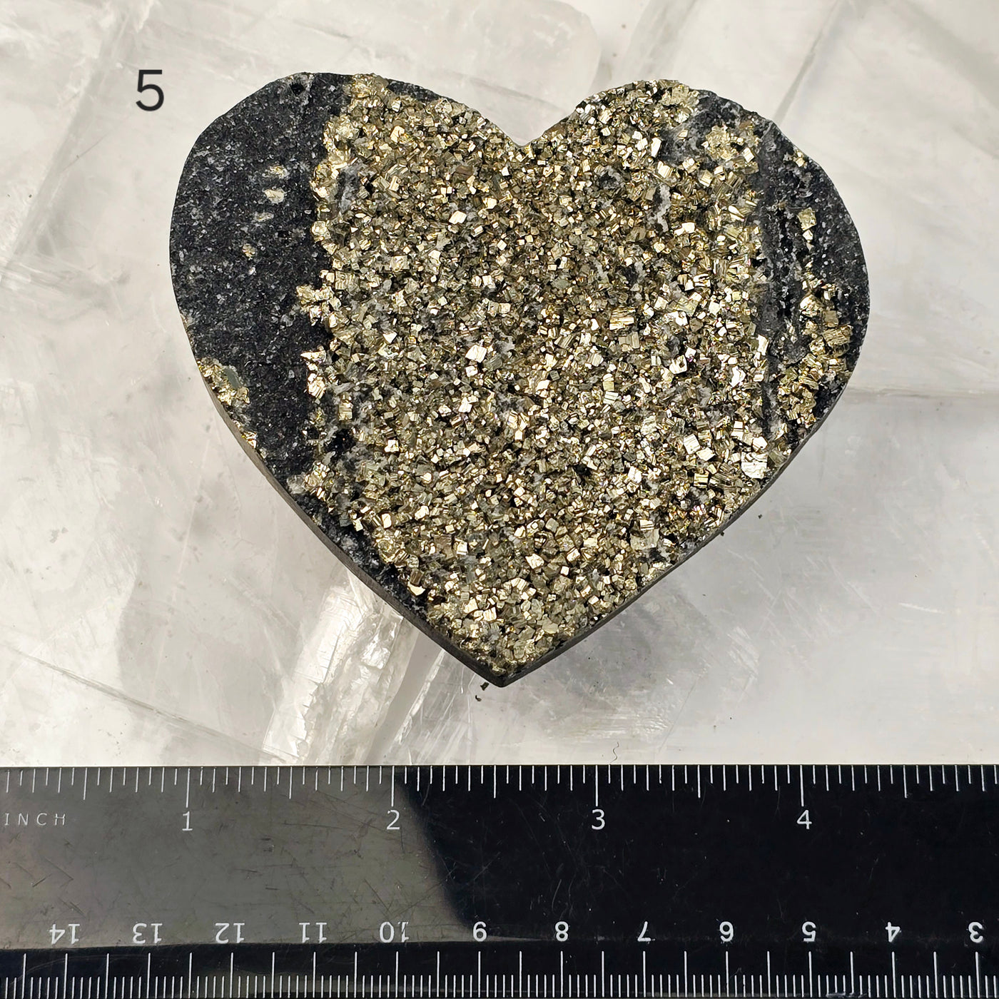 Pyrite on Basalt Crystal Heart - You Choose variant 5 labeled with ruler for size reference