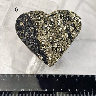 Pyrite on Basalt Crystal Heart - You Choose variant 6 labeled with ruler for size reference