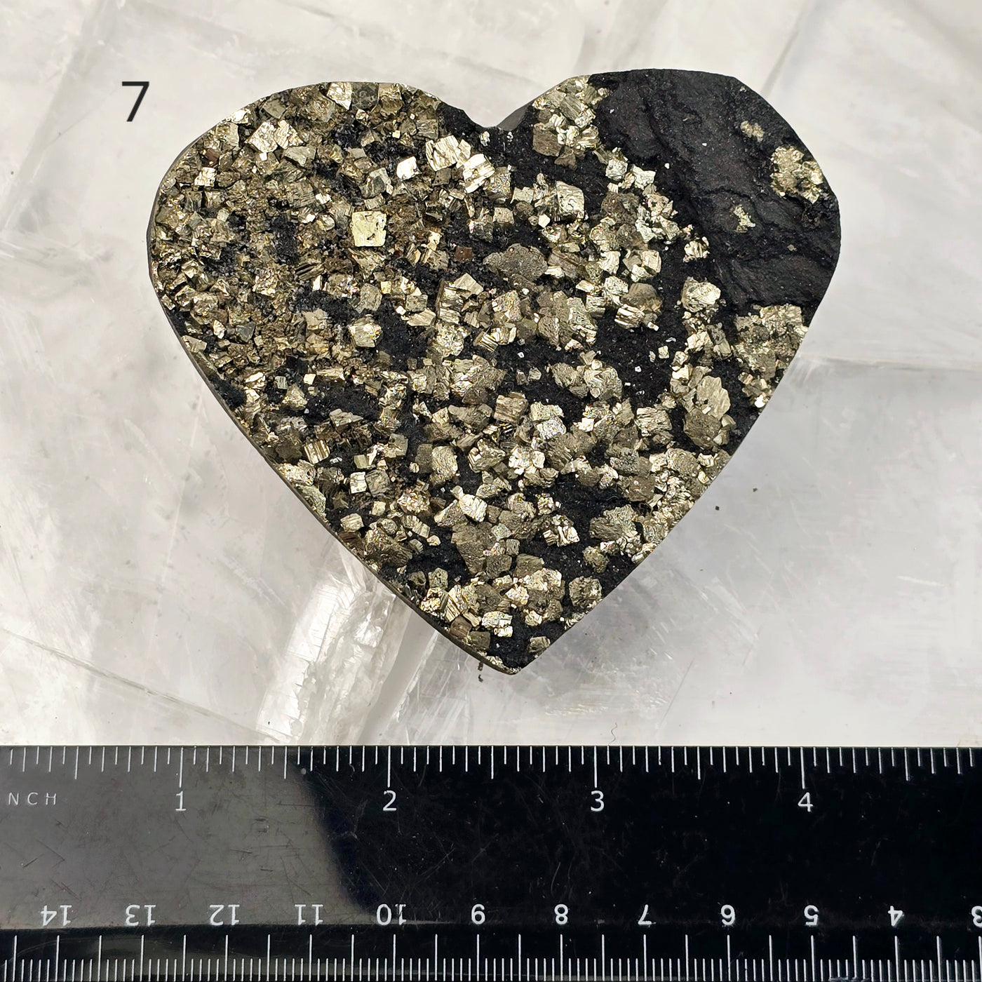 Pyrite on Basalt Crystal Heart - You Choose variant 7 labeled with ruler for size reference