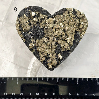 Pyrite on Basalt Crystal Heart - You Choose variant 9 labeled with ruler for size reference