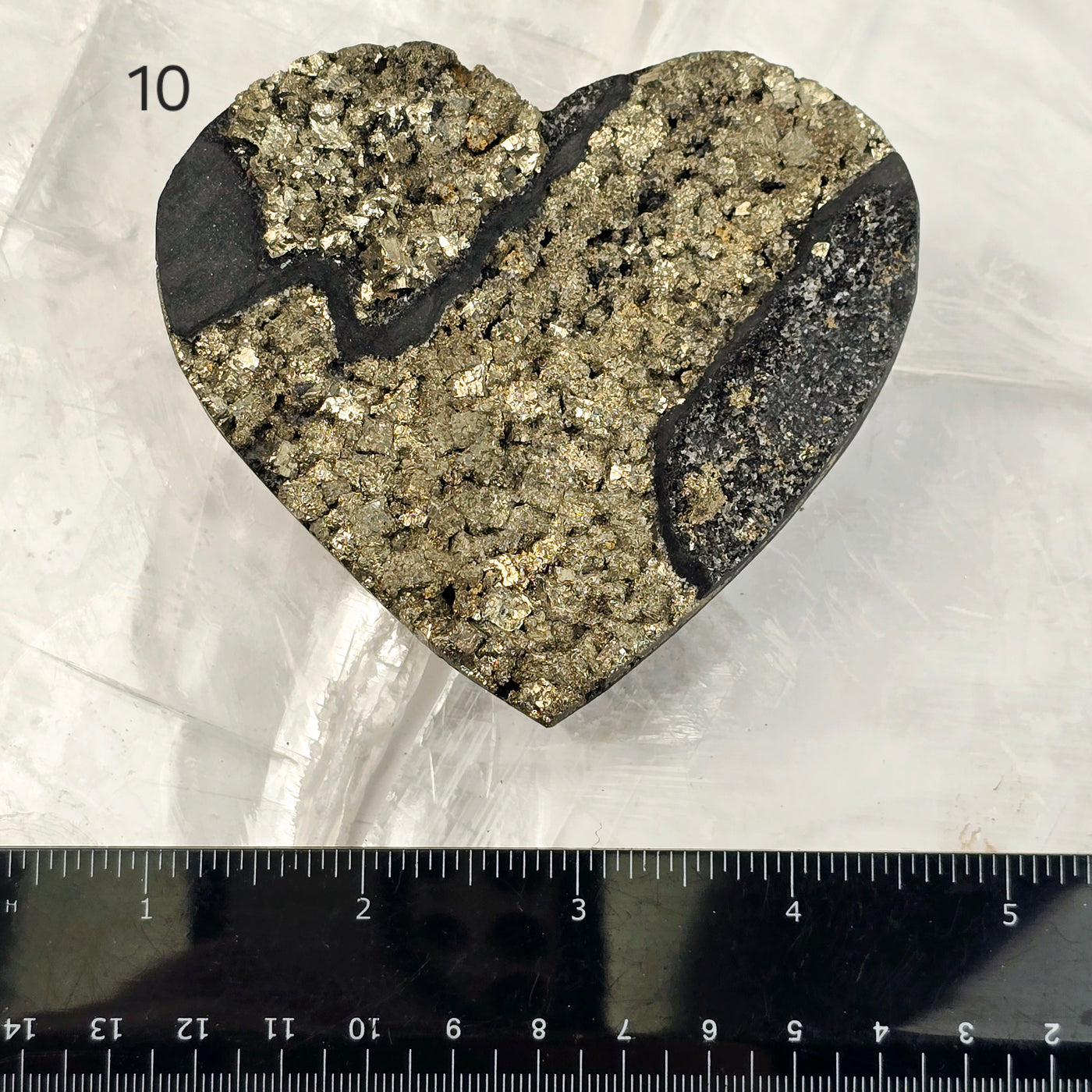 Pyrite on Basalt Crystal Heart - You Choose variant 10 labeled with ruler for size reference