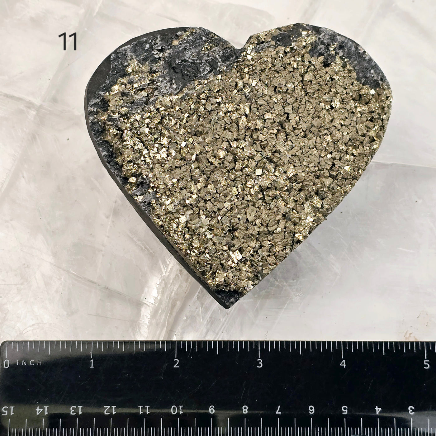 Pyrite on Basalt Crystal Heart - You Choose variant 11 labeled with ruler for size reference