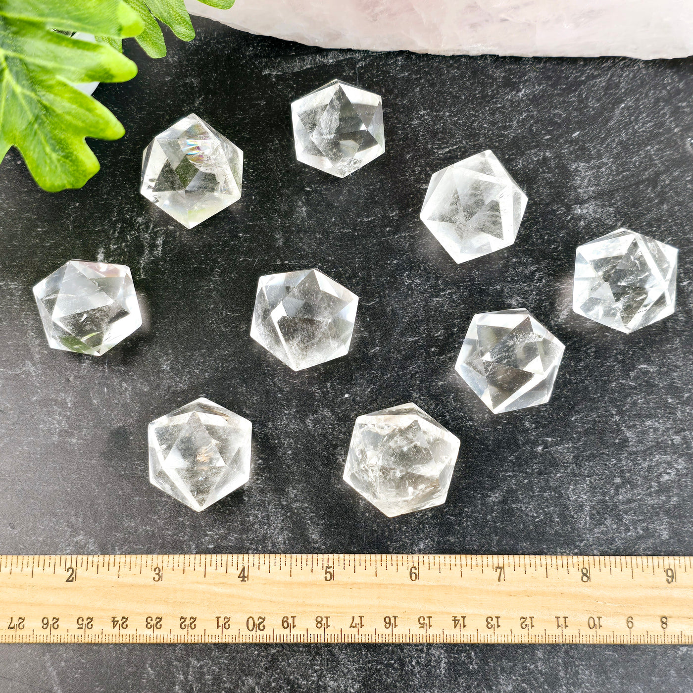 Crystal Quartz Small Icosahedron - top view with ruler for size reference