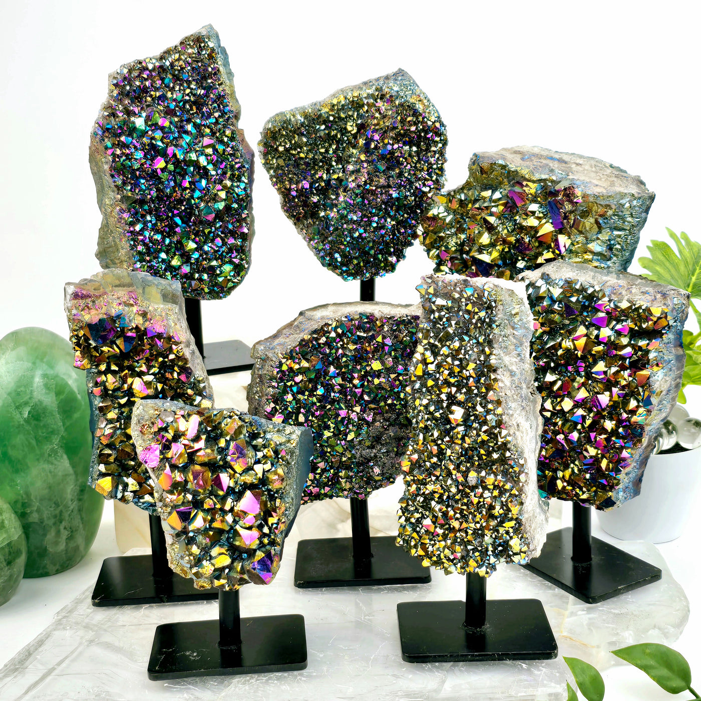 Titanium Coated Amethyst Cluster on Stand - You Choose #2 all variants with props and plants in the background