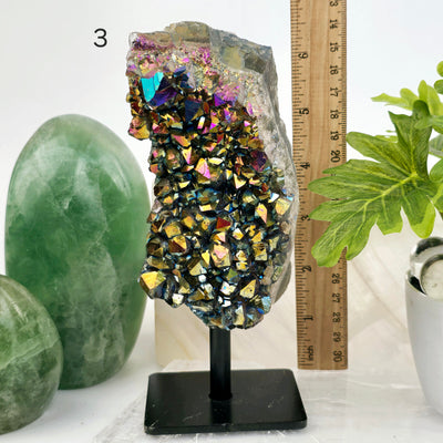 Titanium Coated Amethyst Cluster on Stand - You Choose #2 variant 3 labeled with ruler for size reference