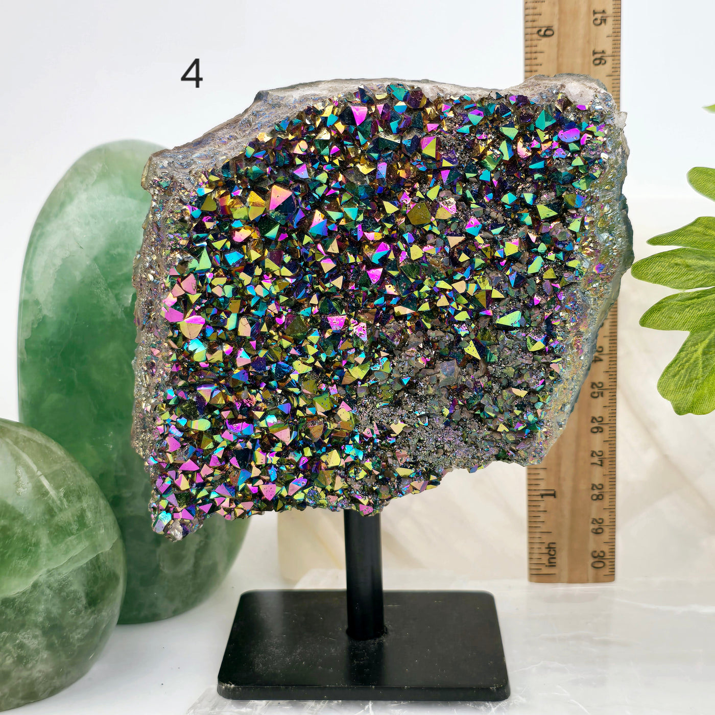 Titanium Coated Amethyst Cluster on Stand - You Choose #2 variant 4 labeled with ruler for size reference