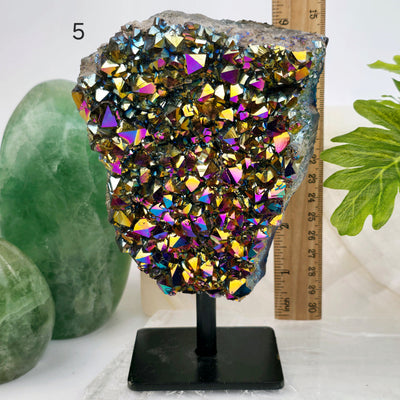 Titanium Coated Amethyst Cluster on Stand - You Choose #2 variant 5 labeled with ruler for size reference