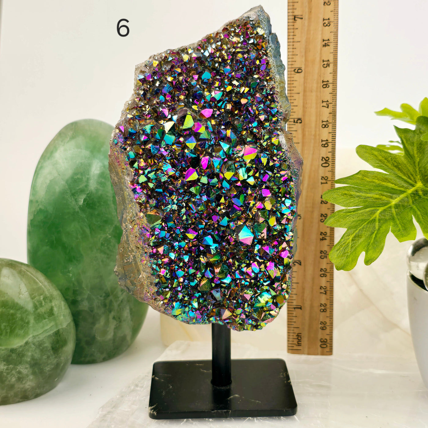 Titanium Coated Amethyst Cluster on Stand - You Choose #2 variant 6 labeled with ruler for size reference