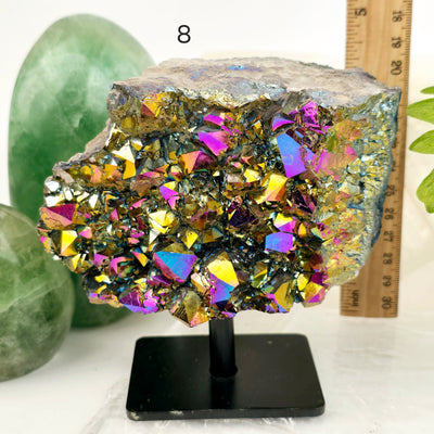 Titanium Coated Amethyst Cluster on Stand - You Choose #2 variant 8 labeled with ruler for size reference