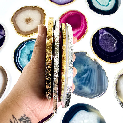 Agate Coasters 24k Gold or Silver Electroplated Edges - Set of 4 - Choose your Color - four in hand turned to side to show thickness with other variations in the background