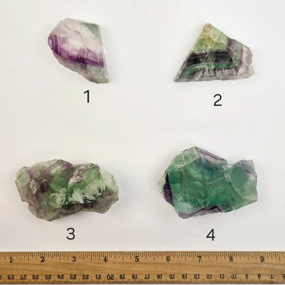 Rainbow Fluorite AA Grade Semi Polished Crystal Slab - You Choose - variants 1, 2, 3, and 4 labeled with ruler for size reference