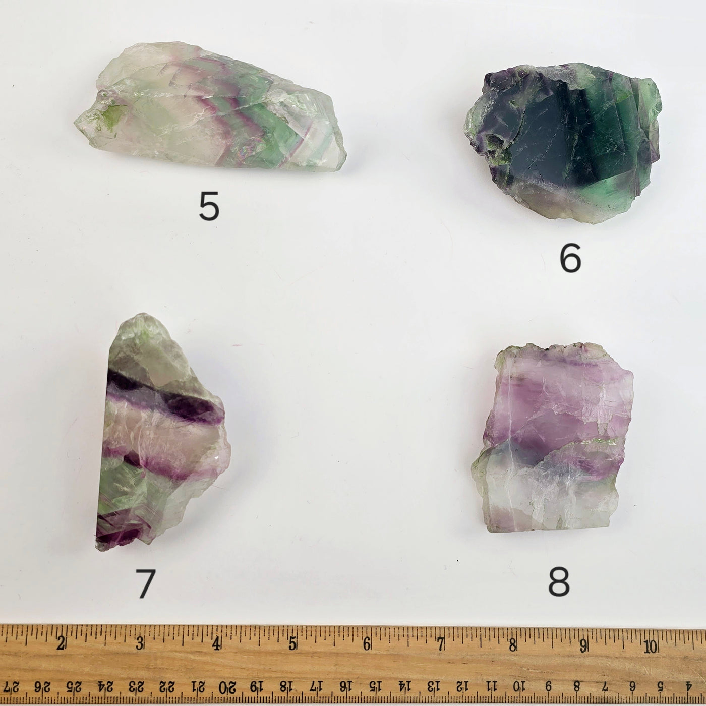 Rainbow Fluorite AA Grade Semi Polished Crystal Slab - You Choose - variants 5, 6, 7 and 8 labeled with ruler for size reference