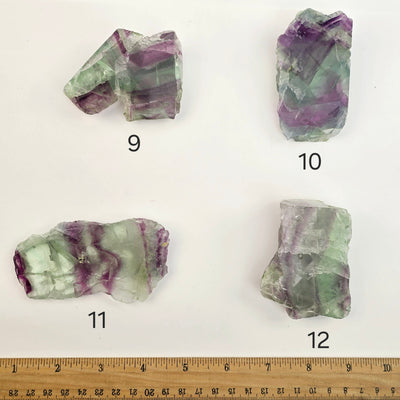 Rainbow Fluorite AA Grade Semi Polished Crystal Slab - You Choose - variants 9, 10, 11 and 12 labeled with ruler for size reference 