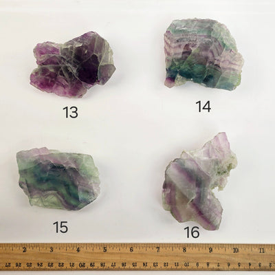 Rainbow Fluorite AA Grade Semi Polished Crystal Slab - You Choose - variants 13, 14, 15 and 16 labeled with ruler for size reference