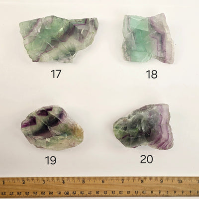 Rainbow Fluorite AA Grade Semi Polished Crystal Slab - You Choose - variants 17, 18, 19 and 20 labeled with ruler for size reference