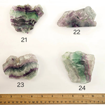 Rainbow Fluorite AA Grade Semi Polished Crystal Slab - You Choose - variants 21, 22, 23 and 24 labeled with ruler for size reference