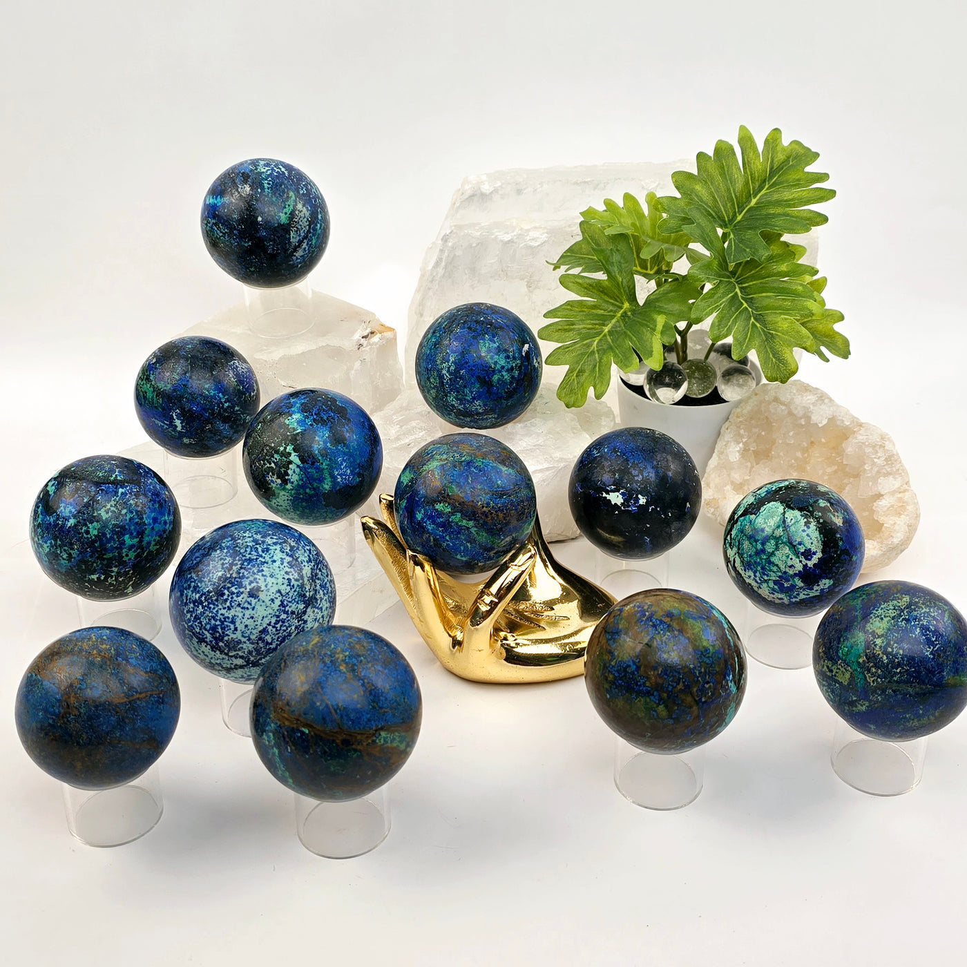 Azurite with Malachite Crystal Sphere - You Choose all variants on sphere stands, one on gold hand sphere stand, with props and plants in the background