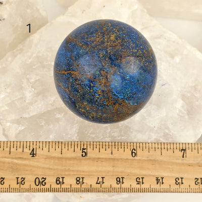 Azurite with Malachite Crystal Sphere - You Choose variant 1 labeled with ruler for size reference