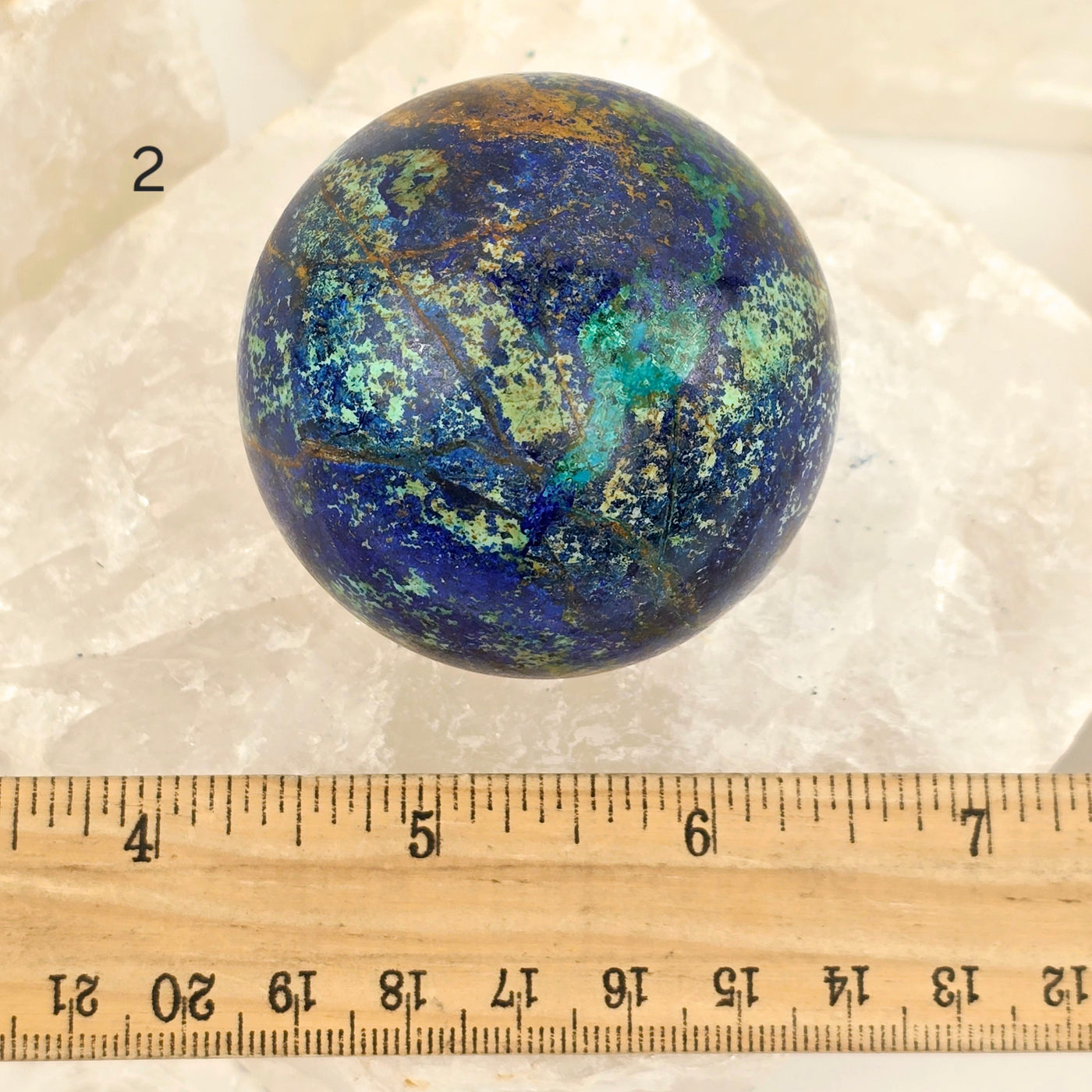 Azurite with Malachite Crystal Sphere - You Choose variant 2 labeled with ruler for size reference