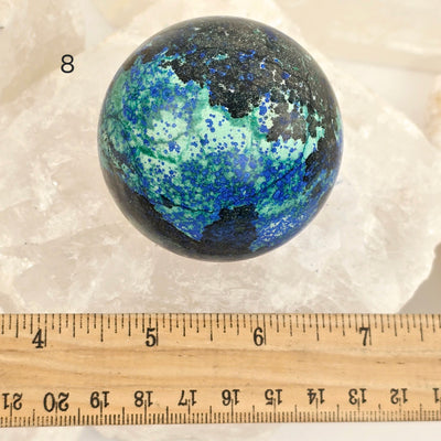 Azurite with Malachite Crystal Sphere - You Choose variant 8 labeled with ruler for size reference