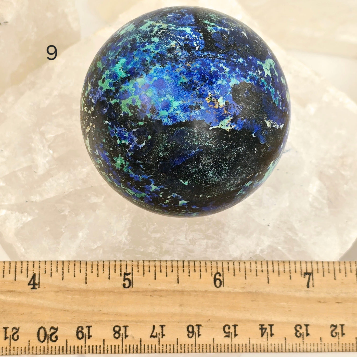 Azurite with Malachite Crystal Sphere - You Choose variant 9 labeled with ruler for size reference