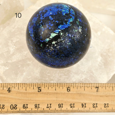 Azurite with Malachite Crystal Sphere - You Choose variant 10 labeled with ruler for size reference