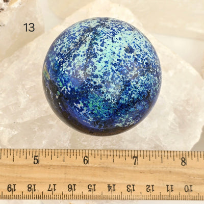 Azurite with Malachite Crystal Sphere - You Choose variant 13 labeled with ruler for size reference