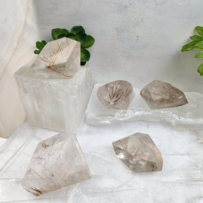 Rutilated Quartz - Polished Freeform Crystal - YOU CHOOSE #2 all variants on selenite platters with plants in the background