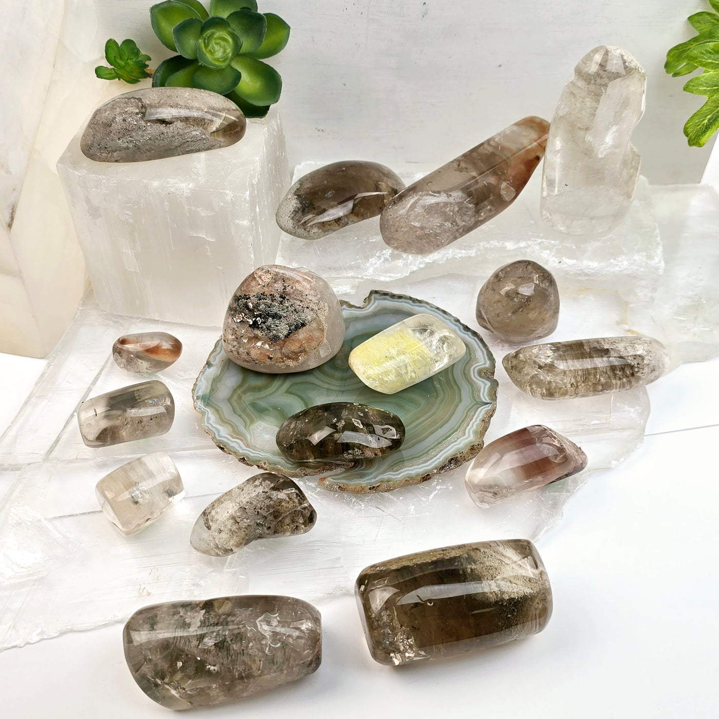 Garden Quartz Small Lodalite Polished Crystal YOU CHOOSE all variants on stone platters with props and plants in the background