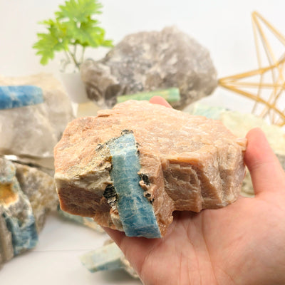 Aquamarine - High Quality Rough Crystals in Matrix - You Choose - variant 2 in hand for size reference with other variants in the background with props and plants