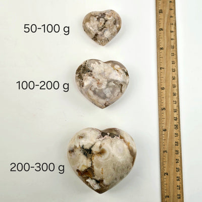 flower agate hearts all three weight categories labeled with ruler for size reference