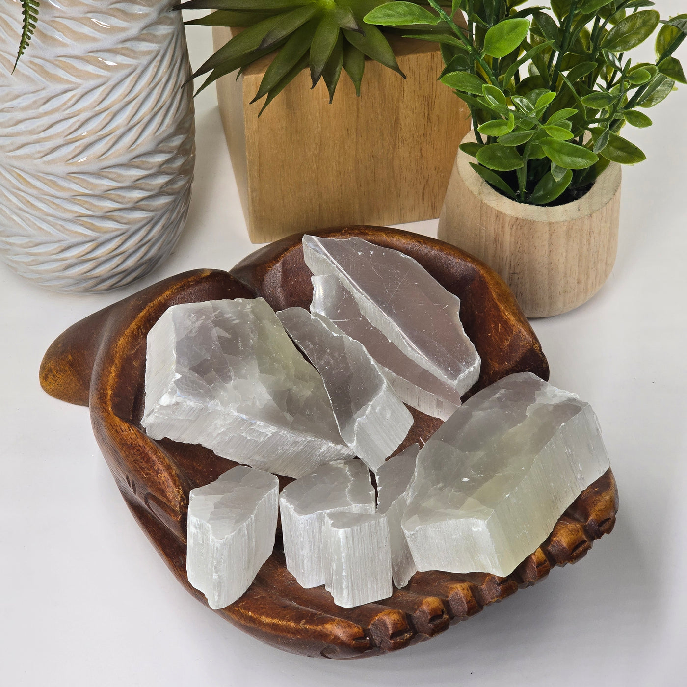 all selenite slabs in wooden hands offering bowl with props and plants in the background