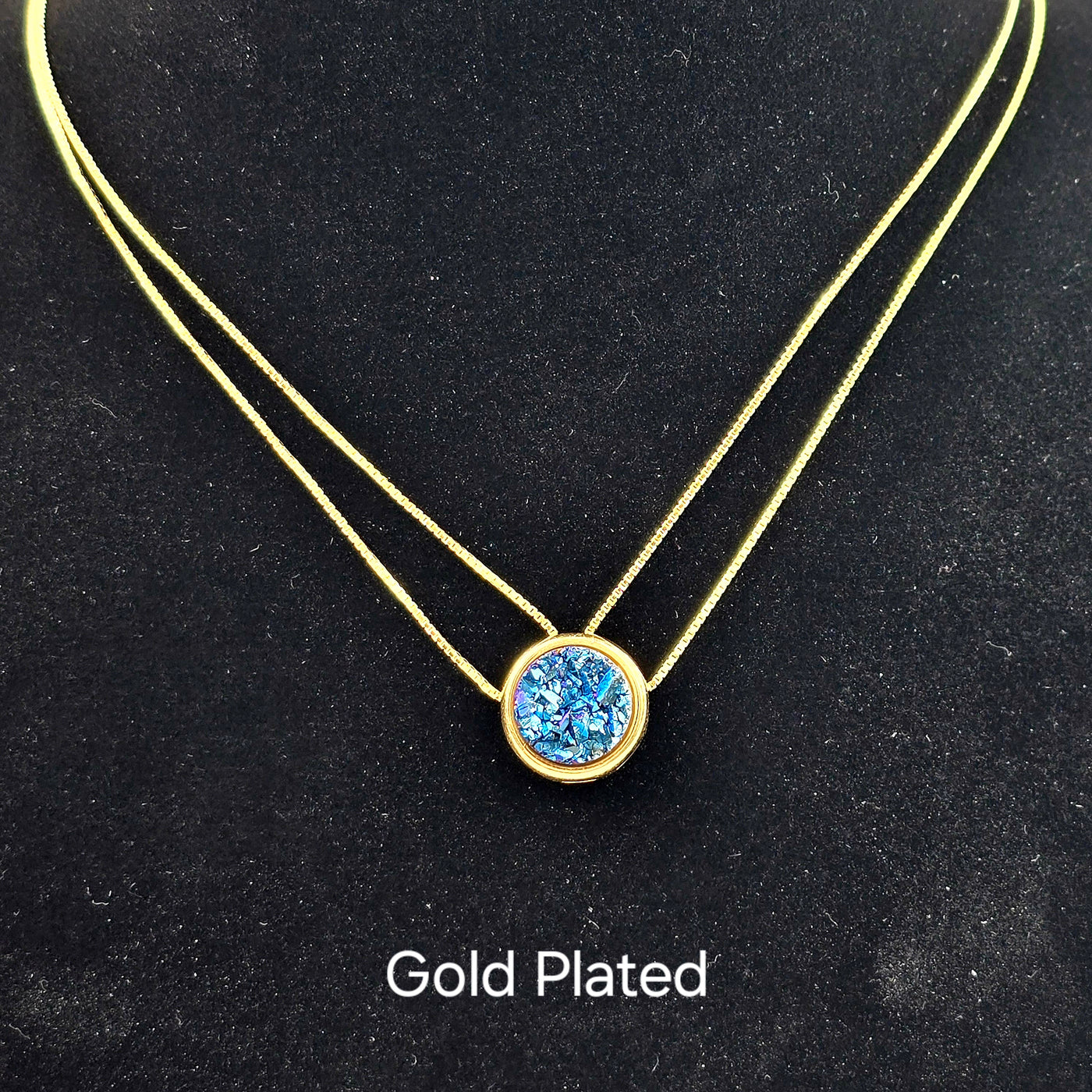 Mystic Blue Druzy Double Chain Necklace - You Choose Finish gold plated variant labeled