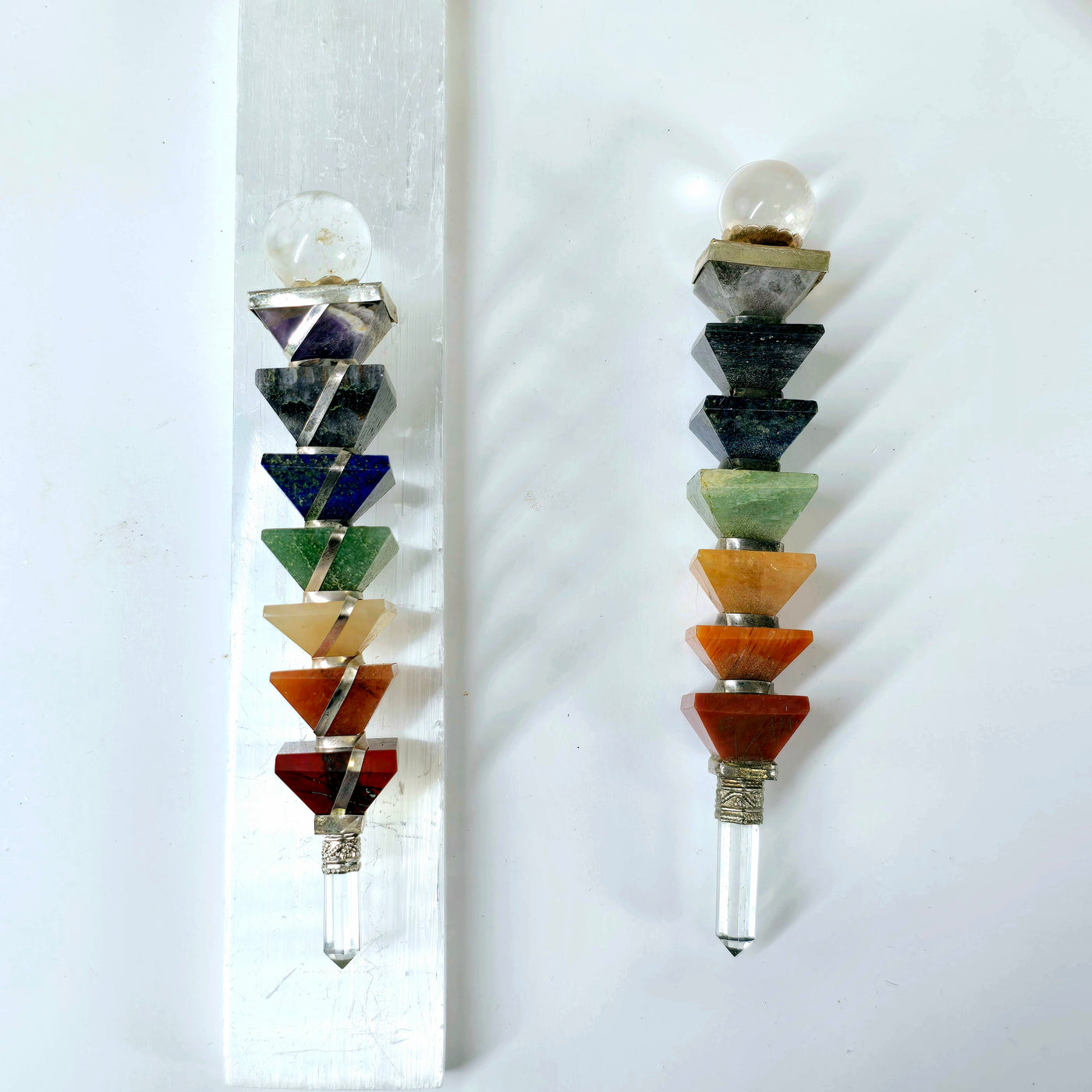 Seven Chakra Crystal Pyramid Wand - You Choose - both variants on white background one on selenite bar