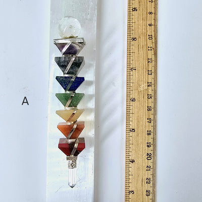 Seven Chakra Crystal Pyramid Wand - You Choose variant A labeled on selenite bar with ruler for size reference