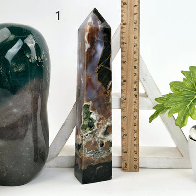 Ocean Jasper Polished Crystal Tower - You Choose #4 variant 1 labeled with ruler for size reference